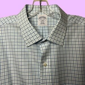 Brooks Brothers No-Iron Shirt Size 17 1/2-4/5 white w/blue checkers E-19